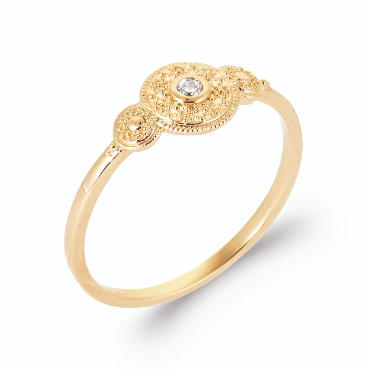 Bague médaillon rond granulé zircon et deux pastilles en plaqué or