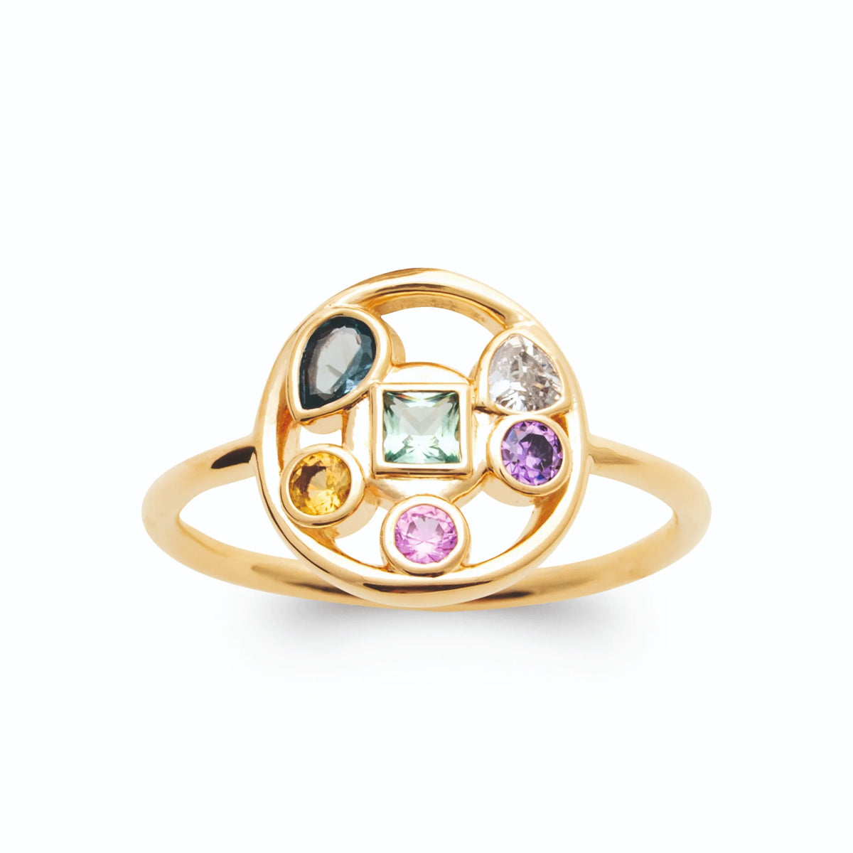 Bague médaillon rond mosaïque de pierres multicolores plaqué or, vue de face