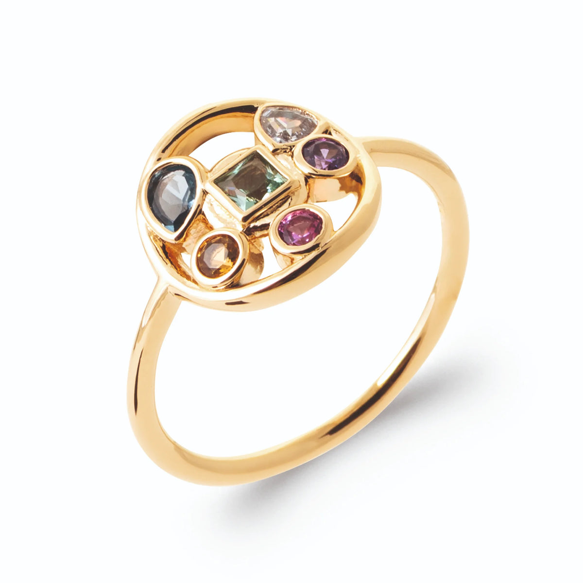 Bague médaillon rond mosaïque de pierres multicolores en plaqué or, vue de trois quarts