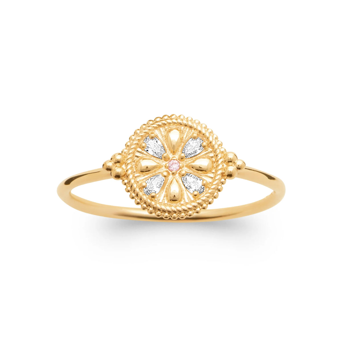 Bague médaillon rond perlé rosace de zircons et pierre rose en plaqué or