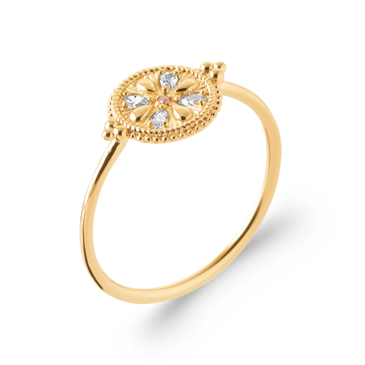 Bague médaillon rond perlé rosace de zircons et pierre rose en plaqué or