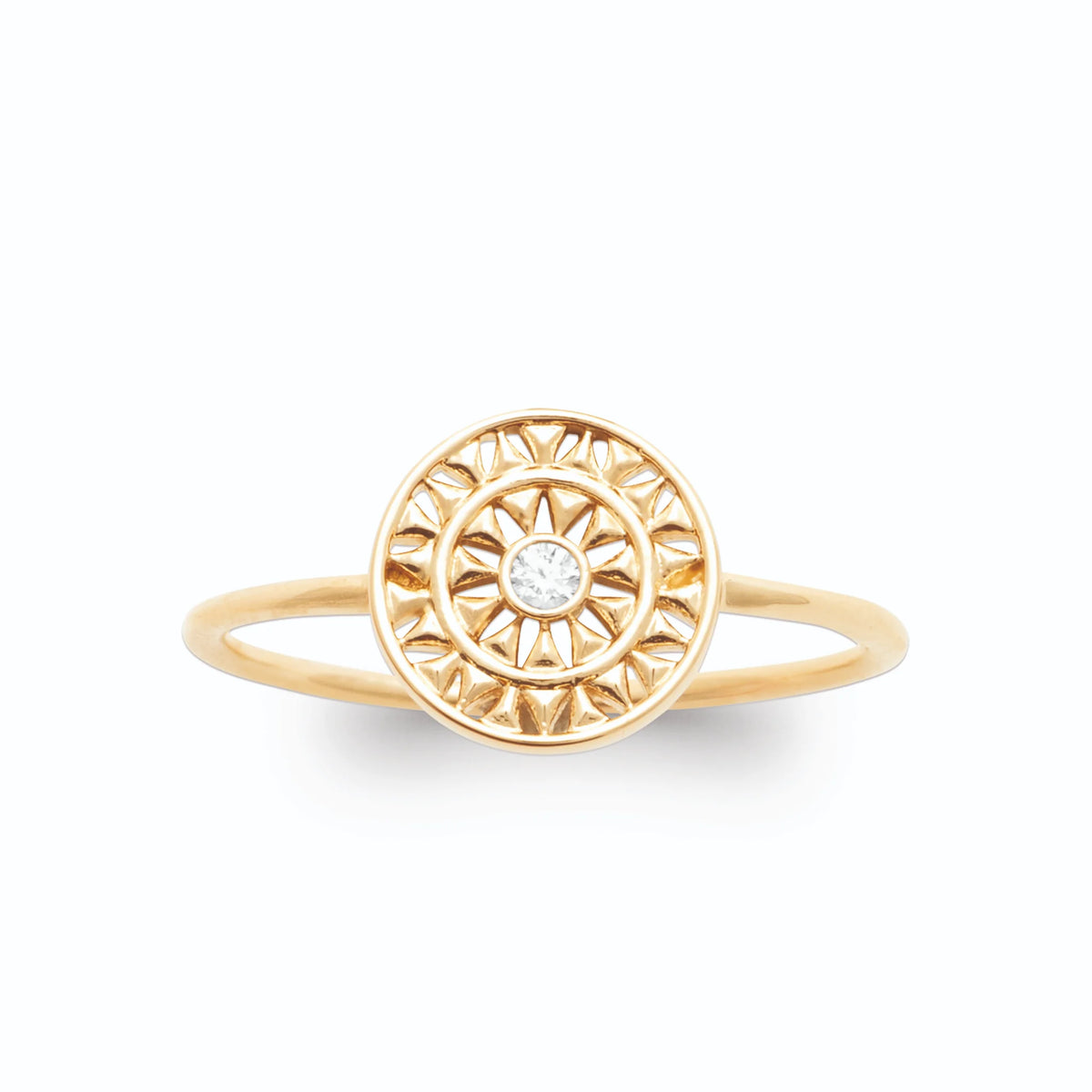 Bague médaillon rond rosace rayonnante et petit zircon plaqué or, vue de face