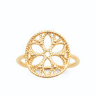 Bague médaillon rosace six pétales en fil torsadé sans pierre plaqué or, vue de face
