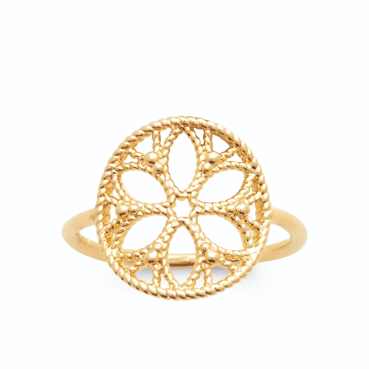 Bague médaillon rosace six pétales en fil torsadé sans pierre plaqué or, vue de face