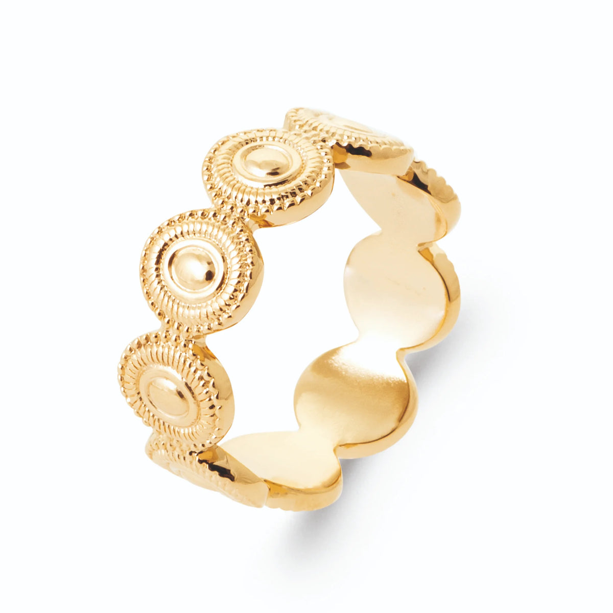 Bague médaillons ronds gravés de cercles concentriques en plaqué or