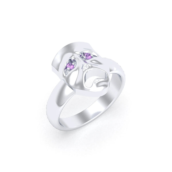 Bague Mélancolie en argent 950, masque songeur du théâtre Améthyste