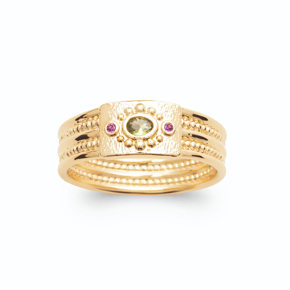 Bague multi-rangs plaque texturée pierre vert olive et fuchsia plaqué or, vue de face