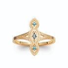 Bague navette allongée filigranée pierres bleues et turquoise en plaqué or