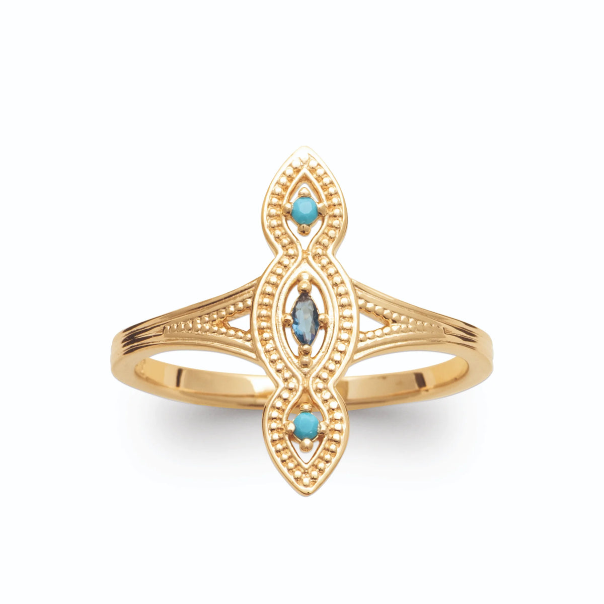 Bague navette allongée filigranée pierres bleues et turquoise en plaqué or