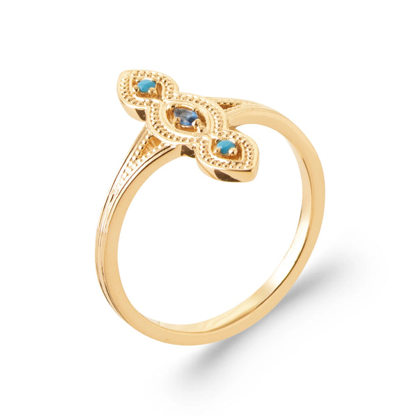 Bague navette allongée filigranée pierres bleues et turquoise en plaqué or