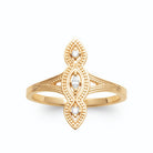 Bague navette allongée filigranée trois zircons en plaqué or