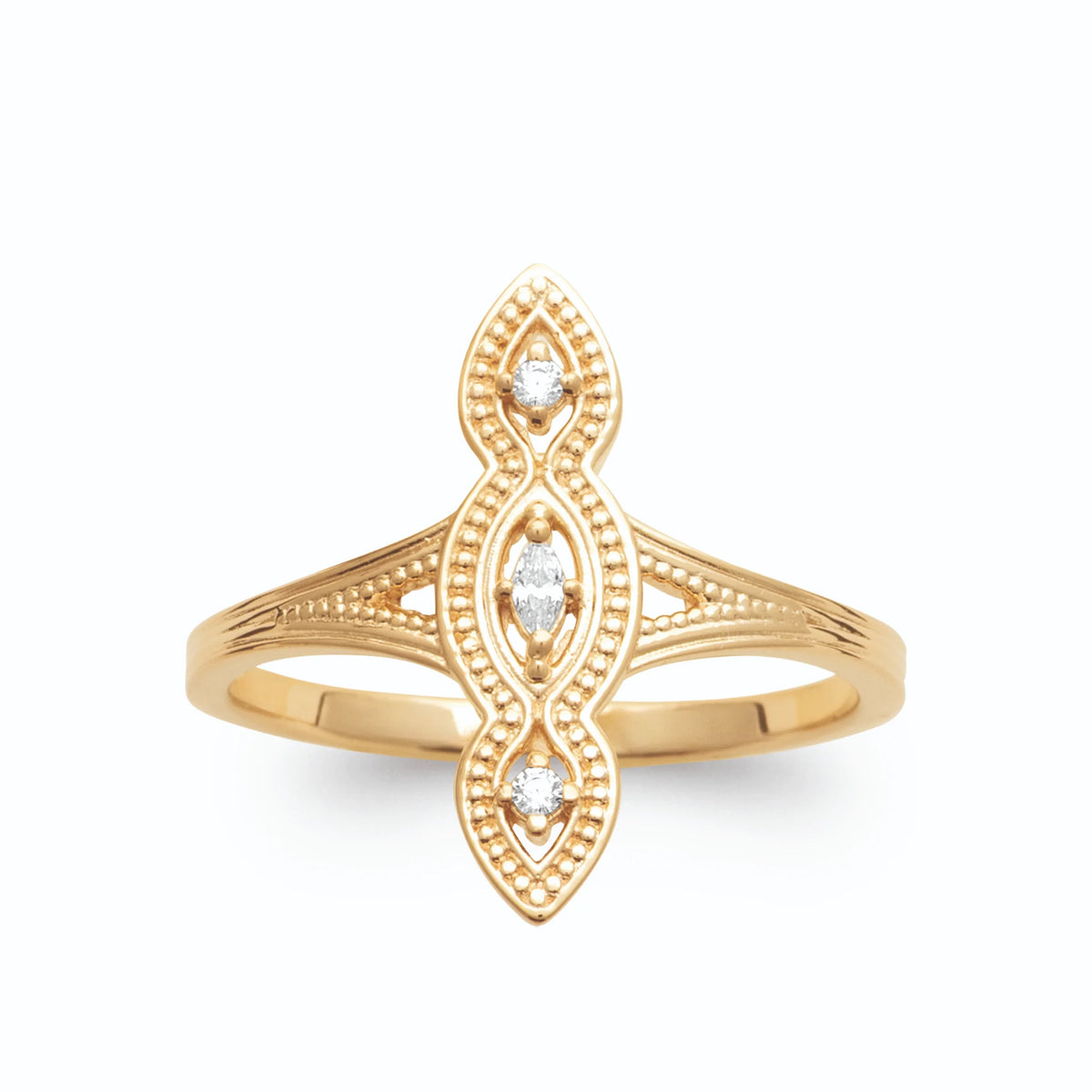 Bague navette allongée filigranée trois zircons plaqué or, vue de face