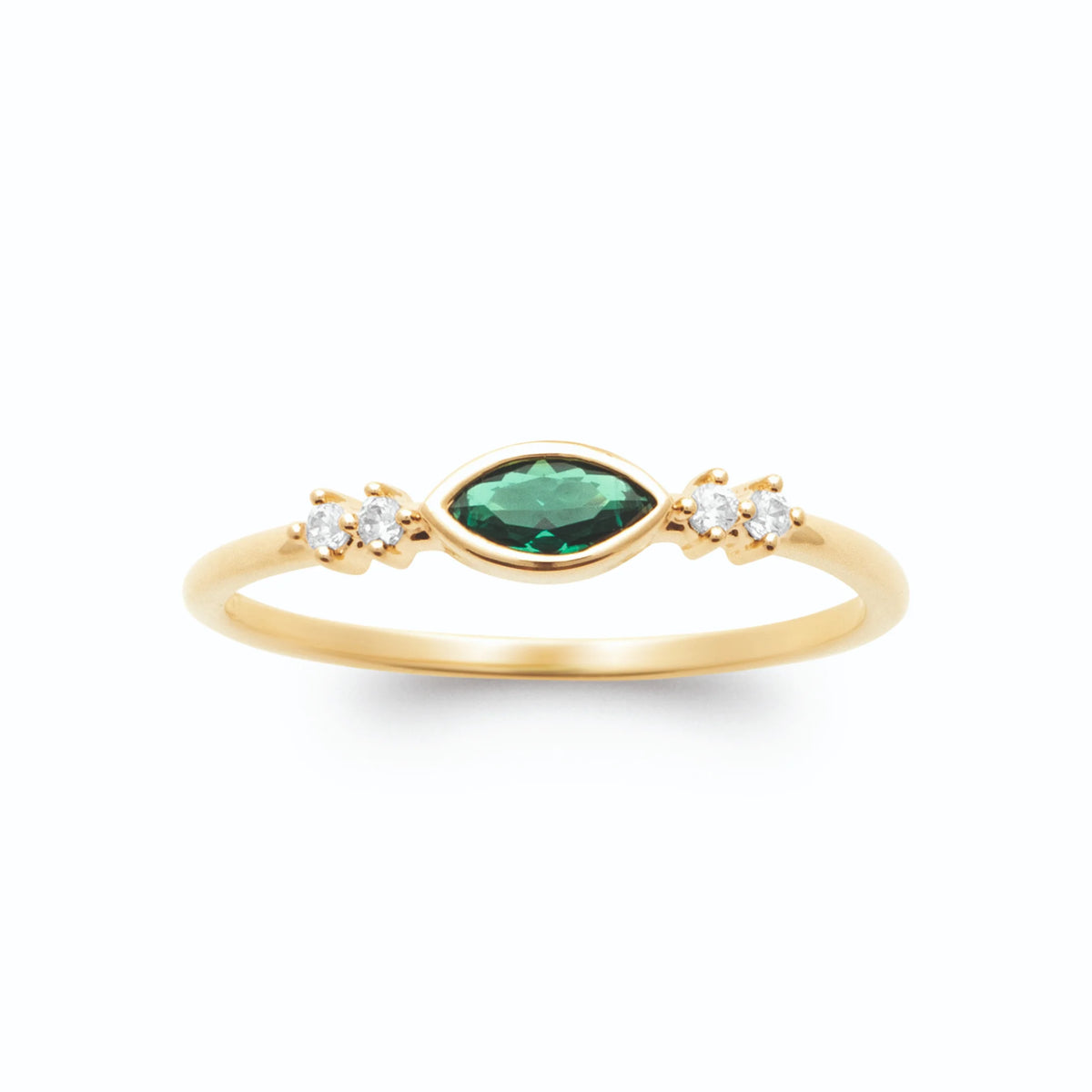 Bague navette vert intense horizontale et zircons en plaqué or