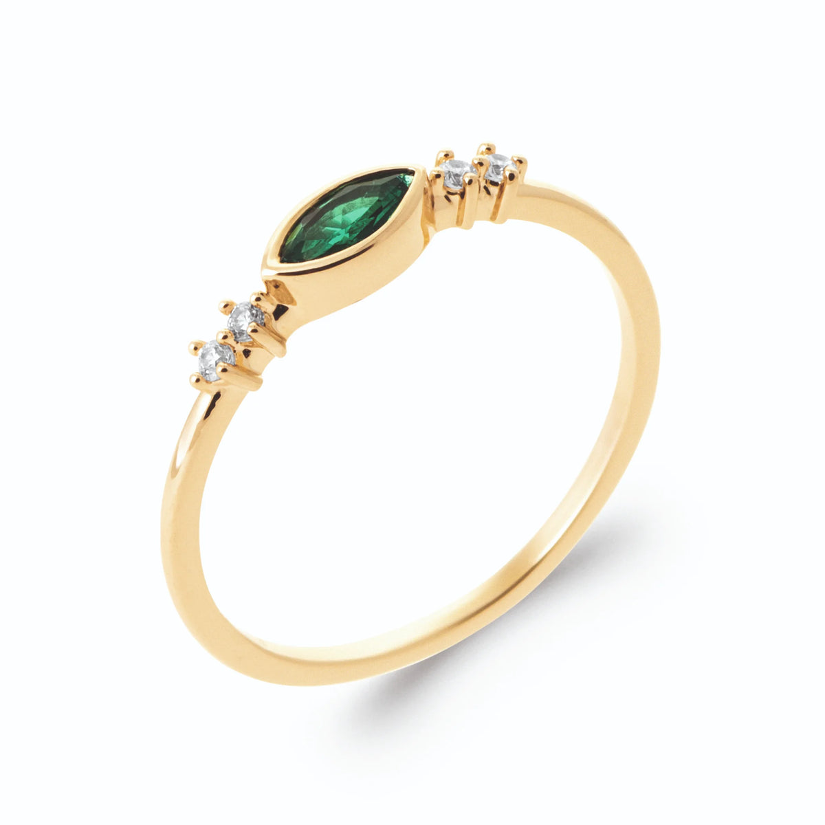 Bague navette vert intense horizontale et zircons en plaqué or
