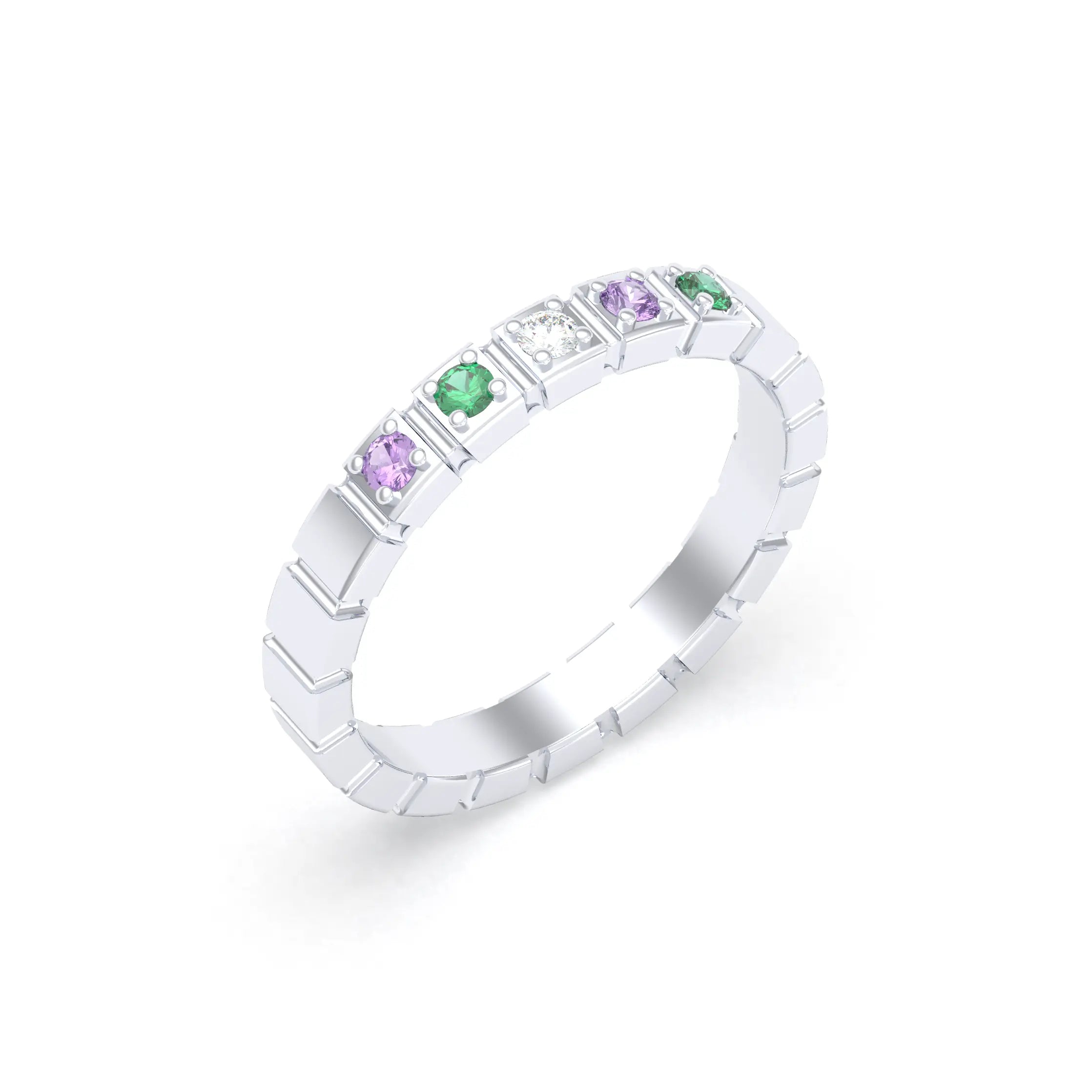 Bague New York en argent 950, joaillerie personnalisable à 5 pierres Diamant - Émeraude - Saphir violet