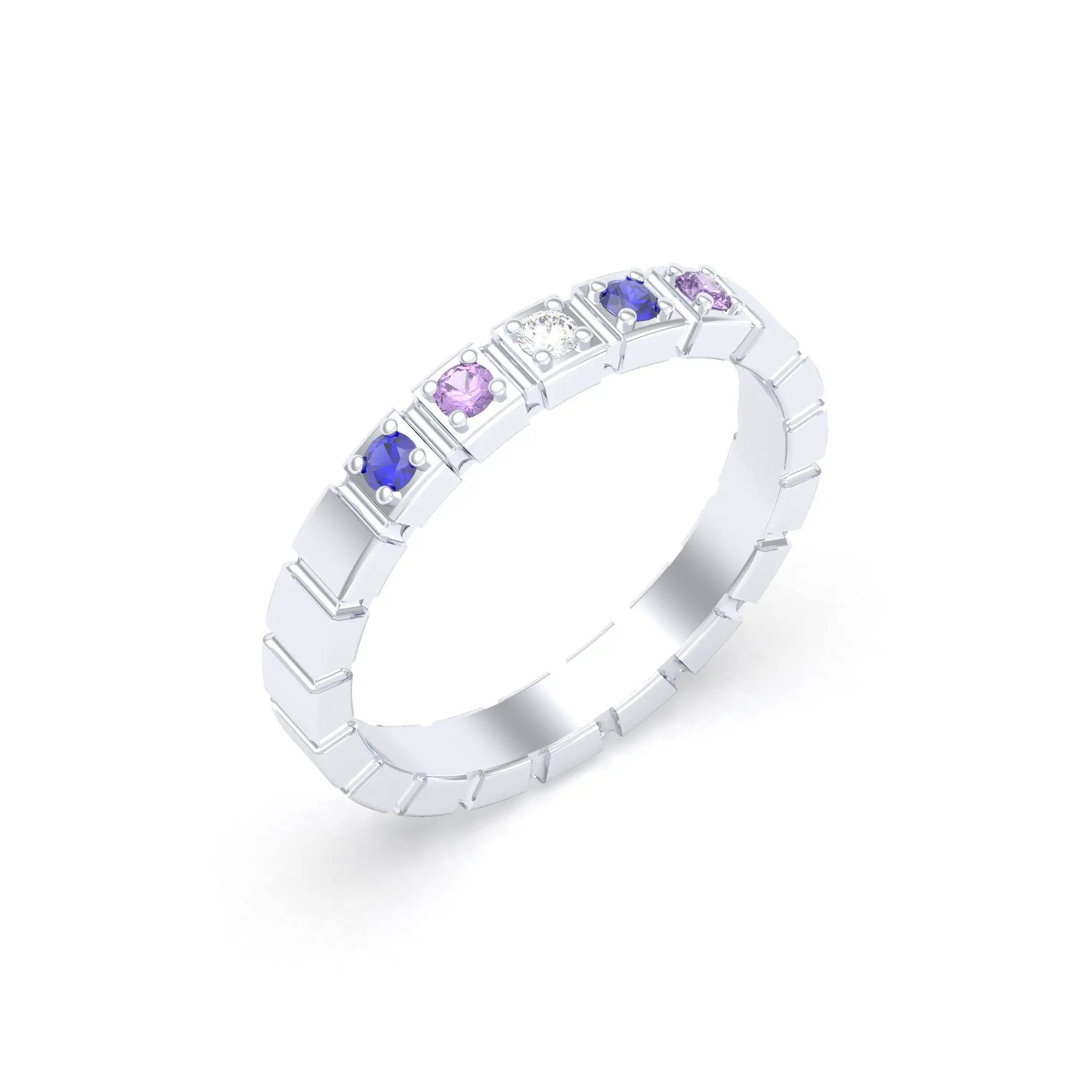 Bague New York en argent 950, joaillerie personnalisable à 5 pierres Diamant - Saphir bleu - Saphir violet