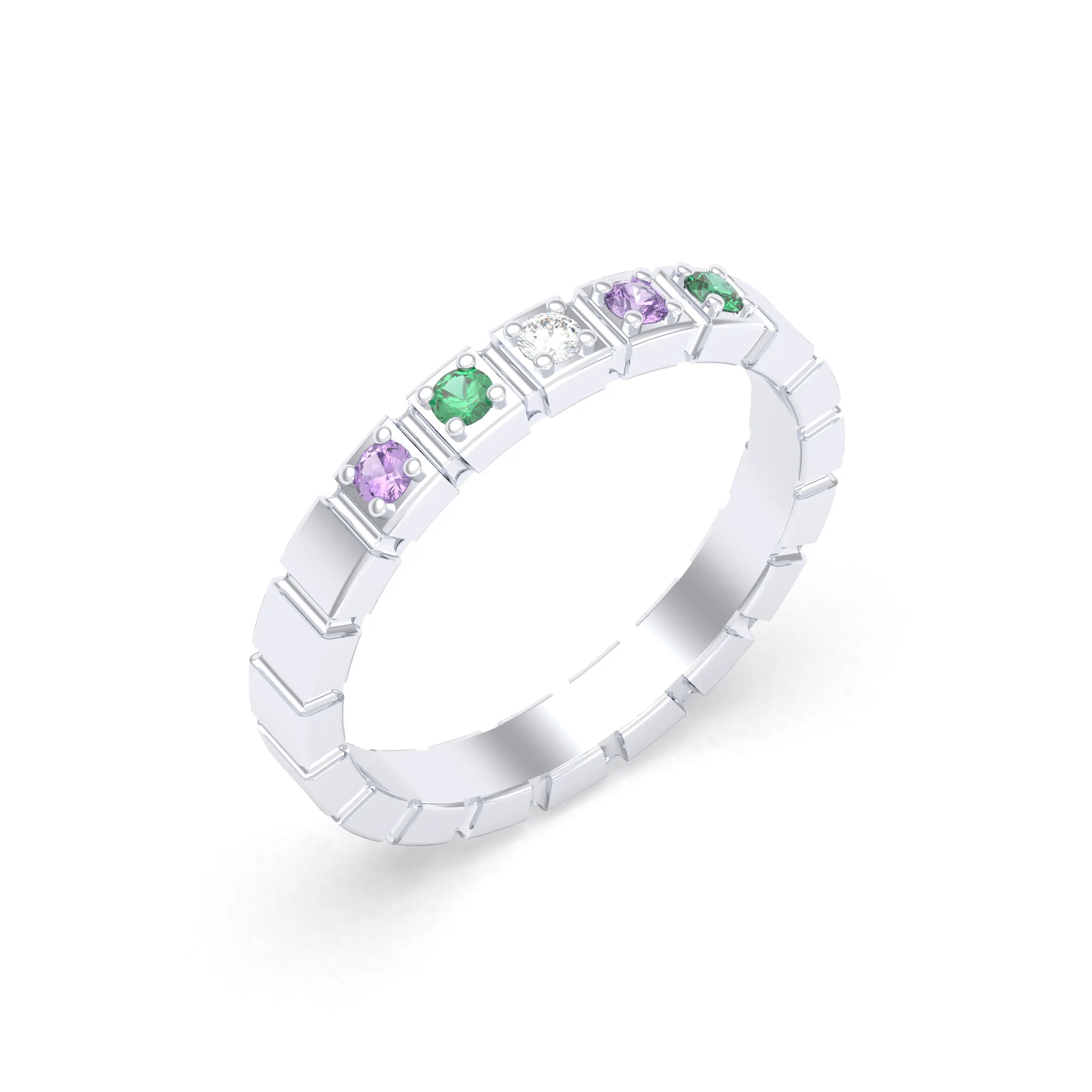 Bague New York en or blanc 18 carats, joaillerie personnalisable à 5 pierres Diamant - Émeraude - Saphir violet