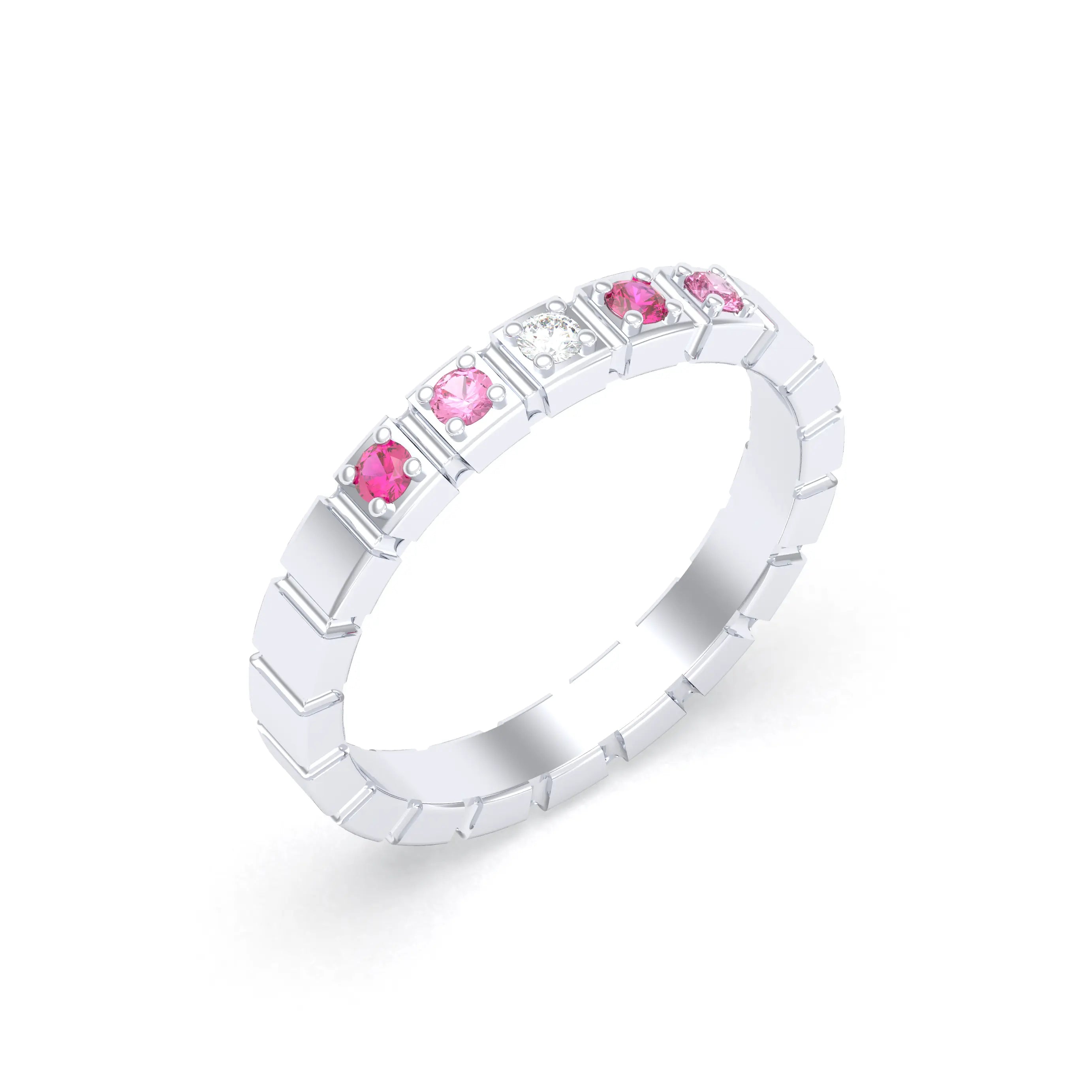 Bague New York en or blanc 18 carats, joaillerie personnalisable à 5 pierres Diamant - Rubis - Saphir rose