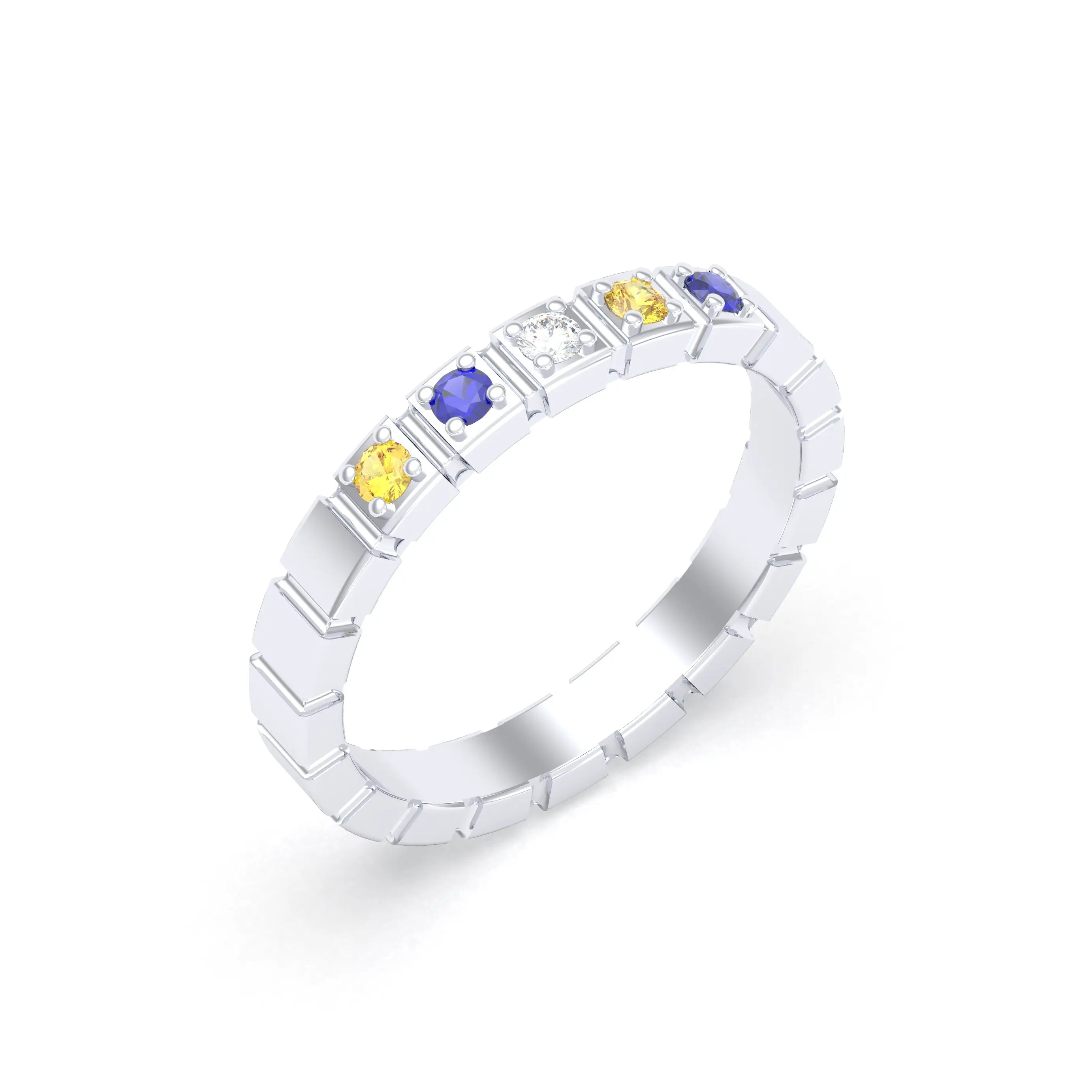 Bague New York en or blanc 18 carats, joaillerie personnalisable à 5 pierres Diamant - Saphir jaune - Saphir bleu