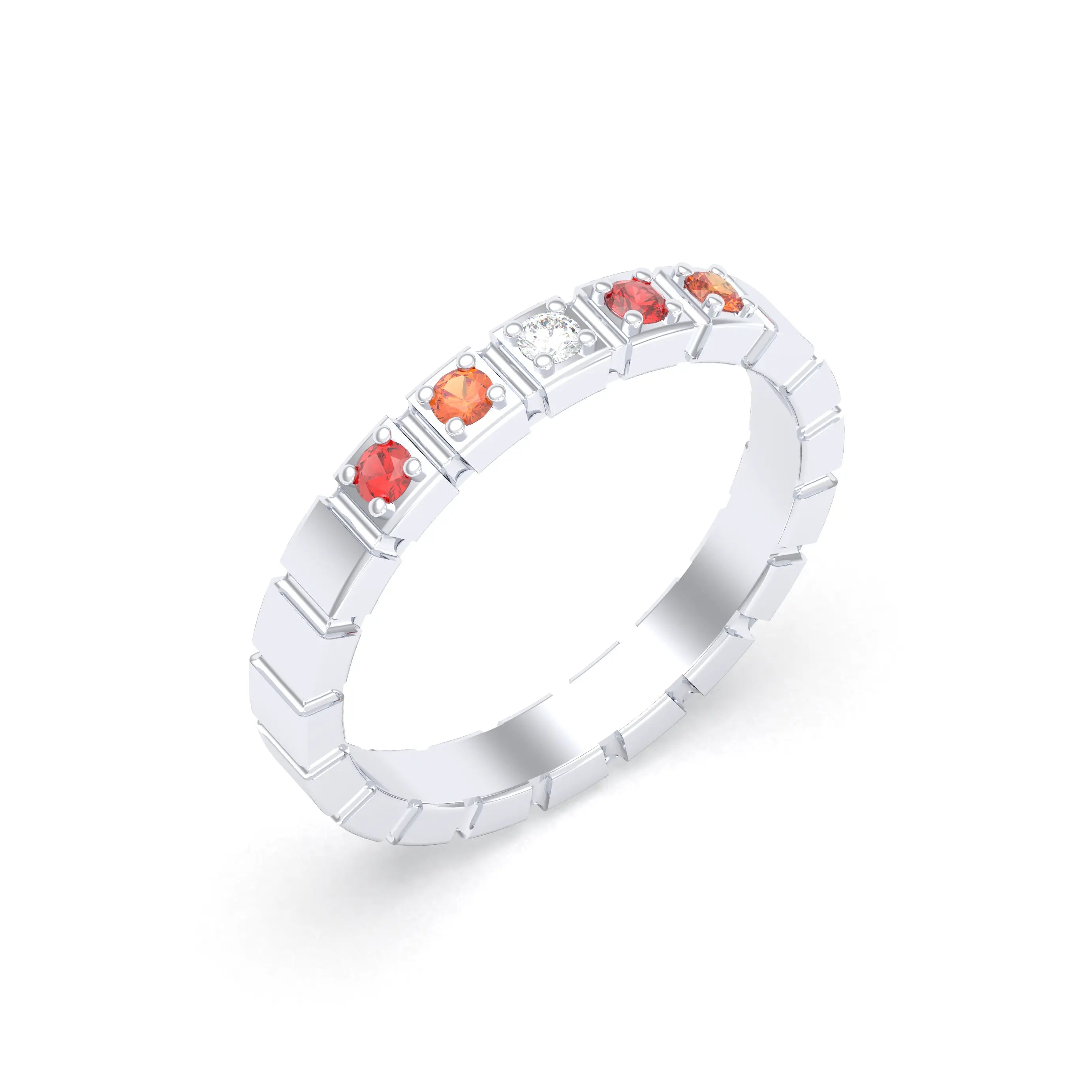 Bague New York en or blanc 18 carats, joaillerie personnalisable à 5 pierres Diamant - Saphir orange - Saphir rouge