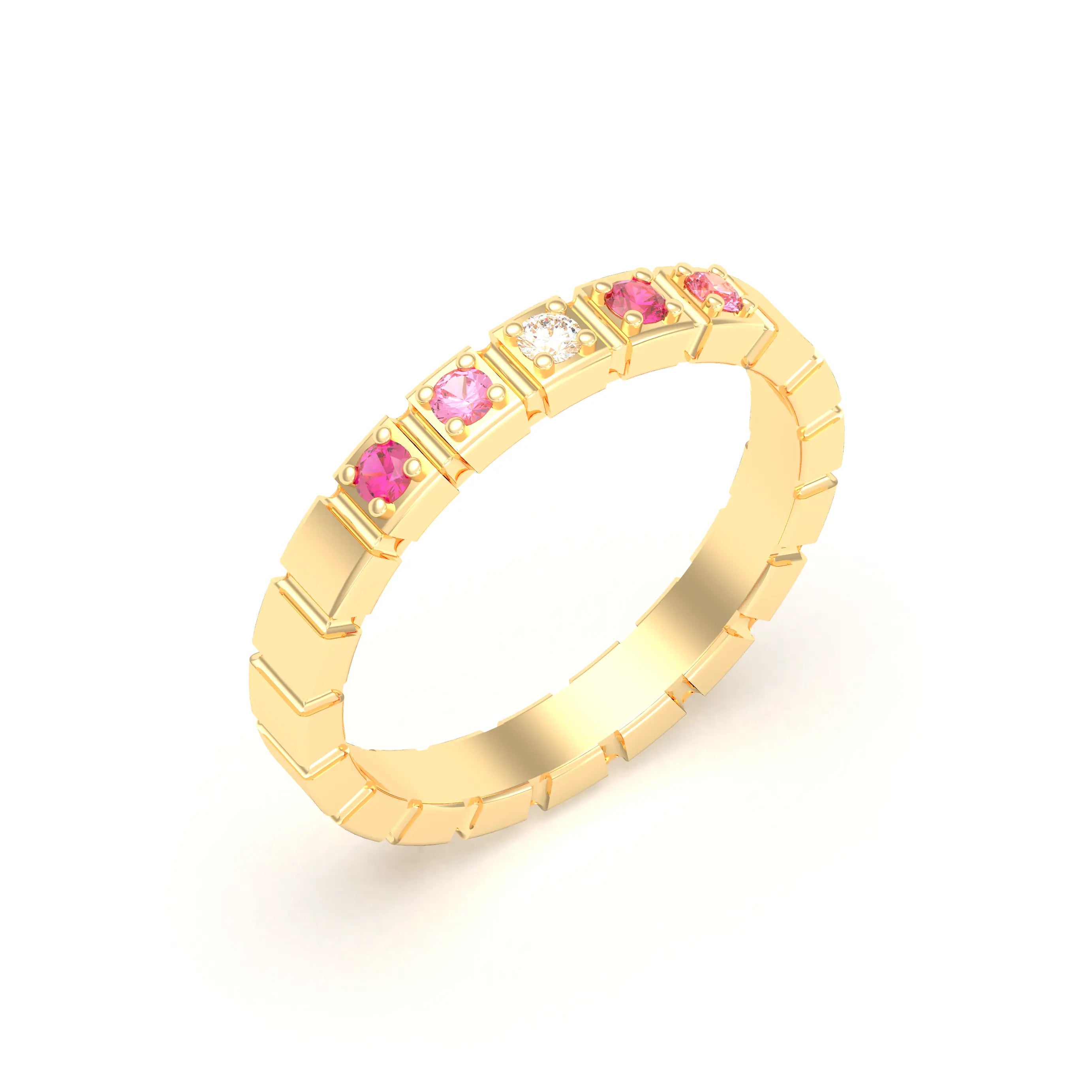 Bague New York en or jaune 18 carats, joaillerie personnalisable à 5 pierres Diamant - Rubis - Saphir rose