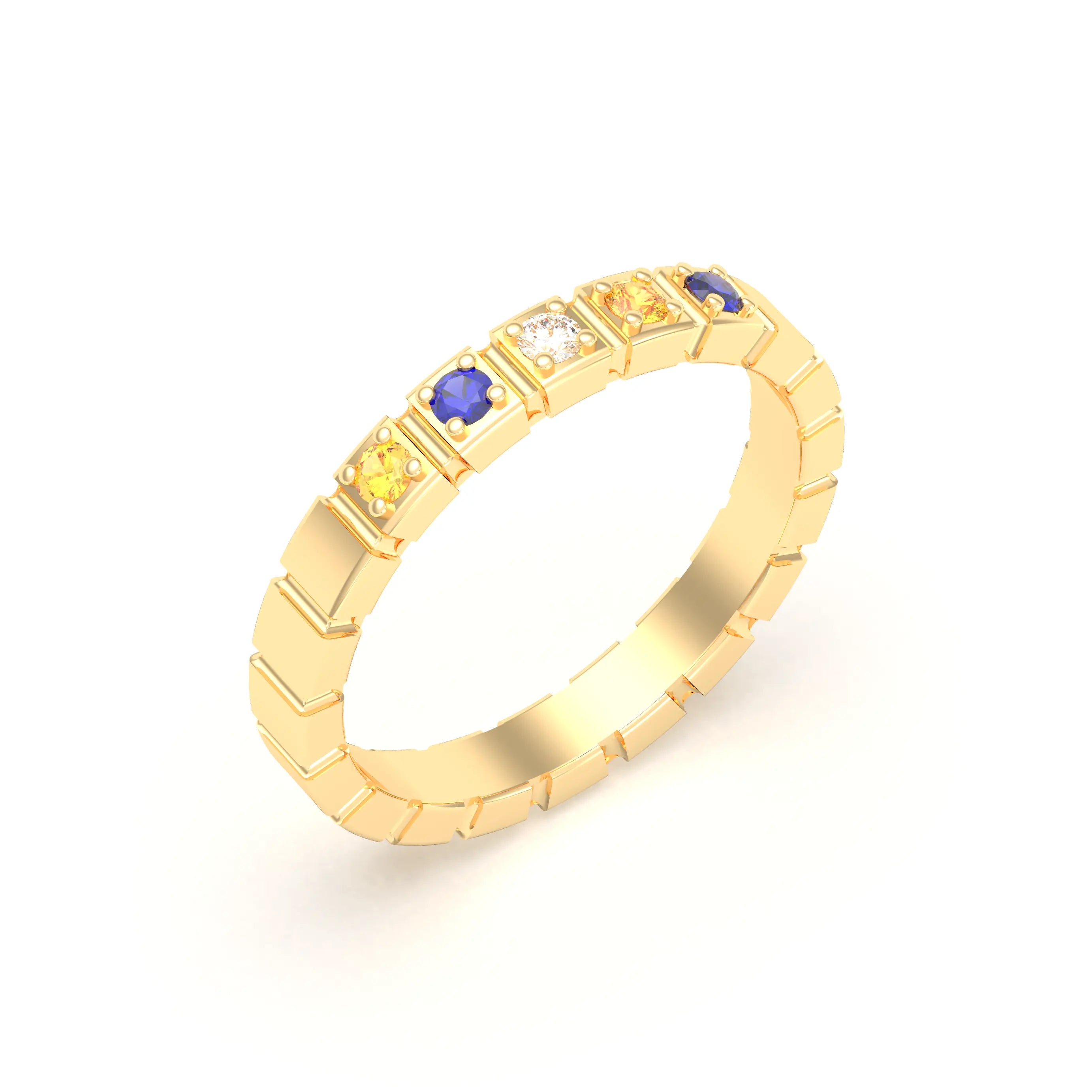 Bague New York en or jaune 18 carats, joaillerie personnalisable à 5 pierres Diamant - Saphir jaune - Saphir bleu