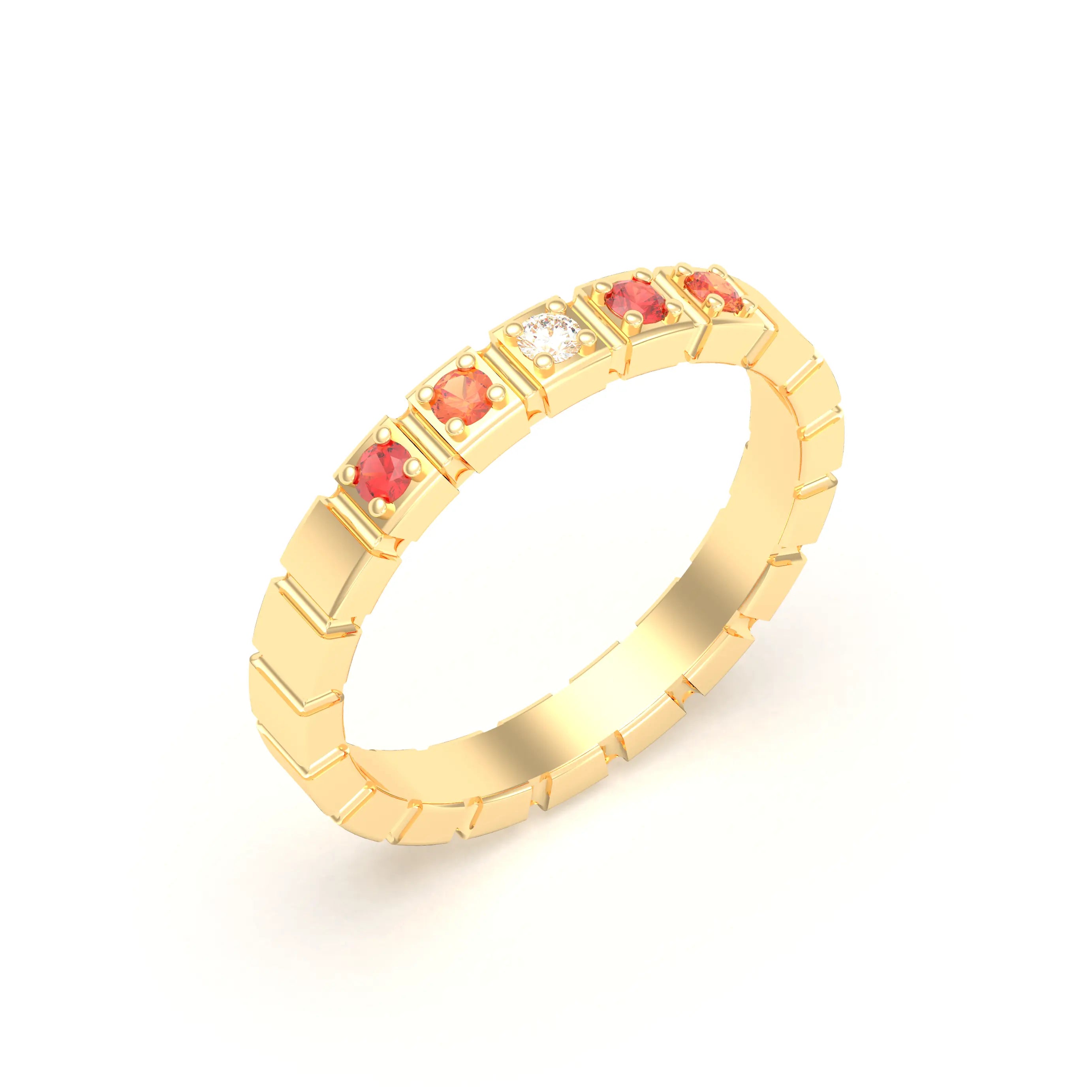 Bague New York en or jaune 18 carats, joaillerie personnalisable à 5 pierres Diamant - Saphir orange - Saphir rouge