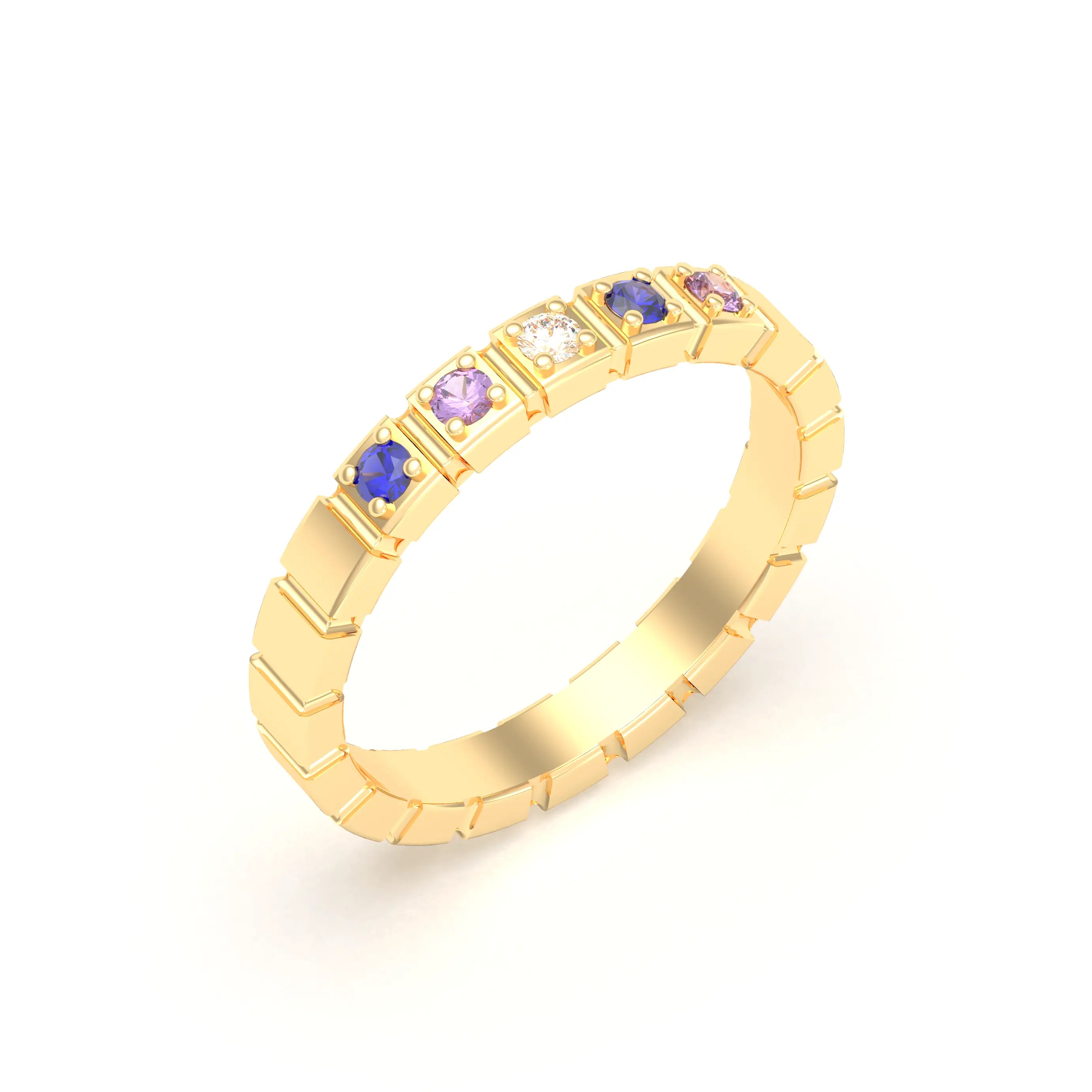Bague New York en or jaune 18 carats, joaillerie personnalisable à 5 pierres Diamant - Saphir bleu - Saphir violet