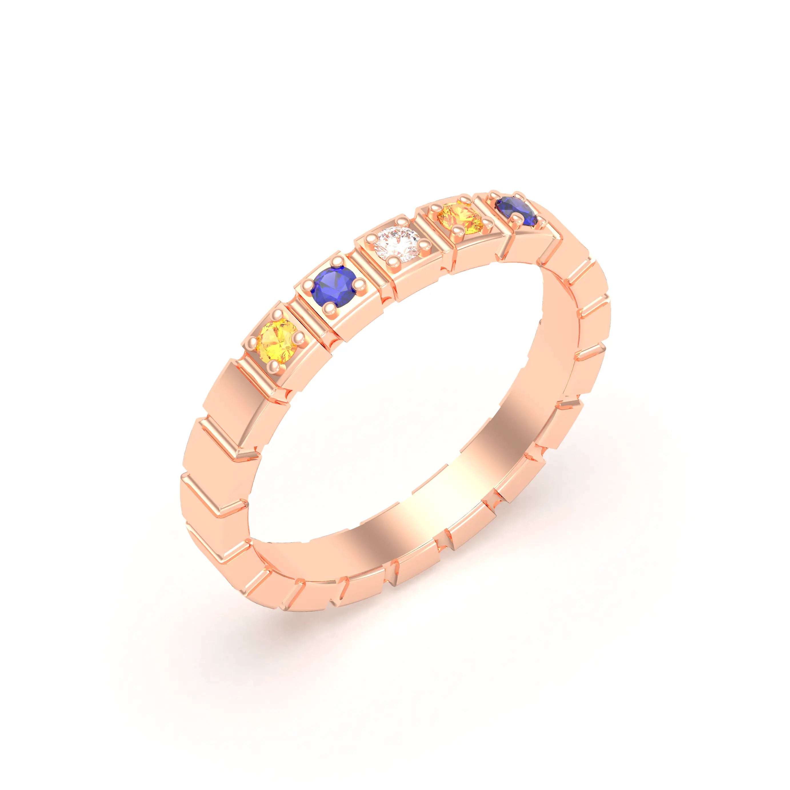 Bague New York en or rose 18 carats, joaillerie personnalisable à 5 pierres Diamant - Saphir jaune - Saphir bleu