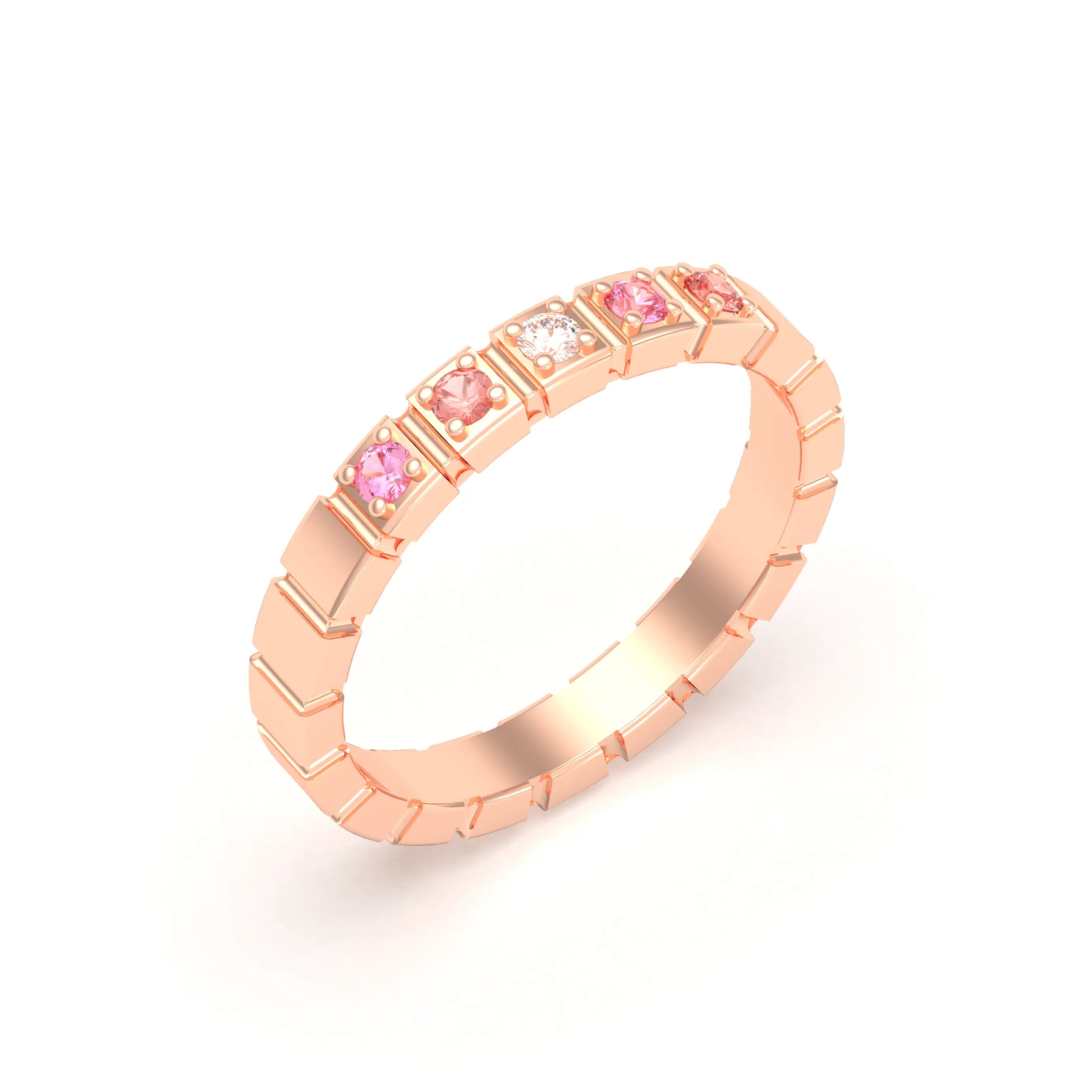Bague New York en or rose 18 carats, joaillerie personnalisable à 5 pierres Diamant - Saphir pêche - Saphir rose