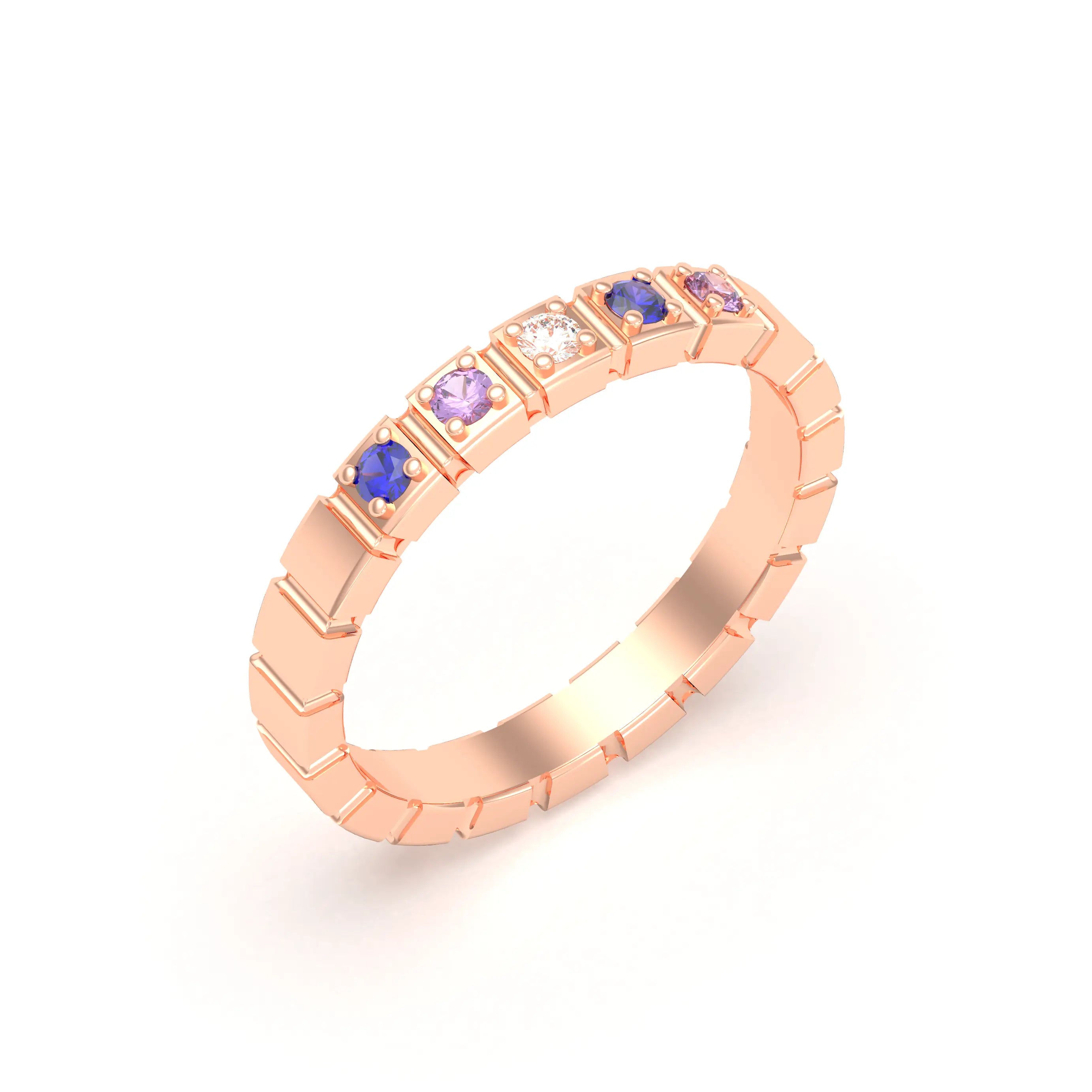 Bague New York en or rose 18 carats, joaillerie personnalisable à 5 pierres Diamant - Saphir bleu - Saphir violet