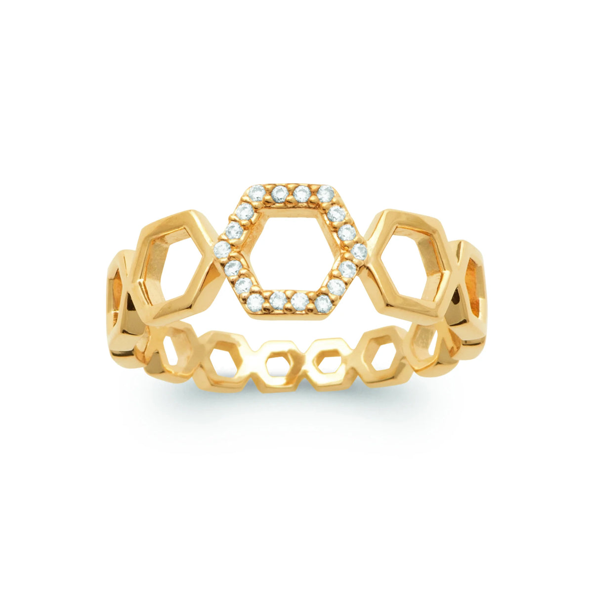 Bague nid d’abeille hexagones ajourés et hexagone pavé de zircons plaqué or, vue de face