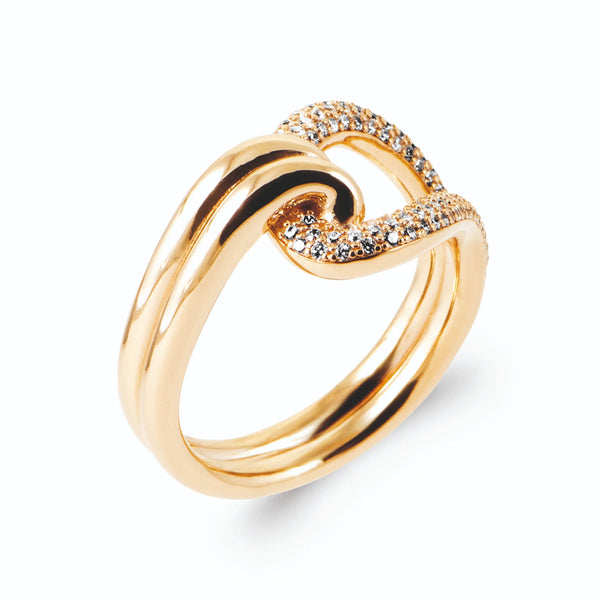 Bague nœud deux brins lisse et pavé de zircons en plaqué or, vue de trois quarts