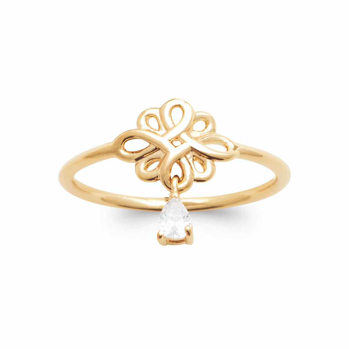 Bague nœud à quatre boucles en filigrane et pampille zircon plaqué or, vue de face