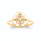 Bague octogonale ajourée pierres vert olive et roses plaqué or, vue de face