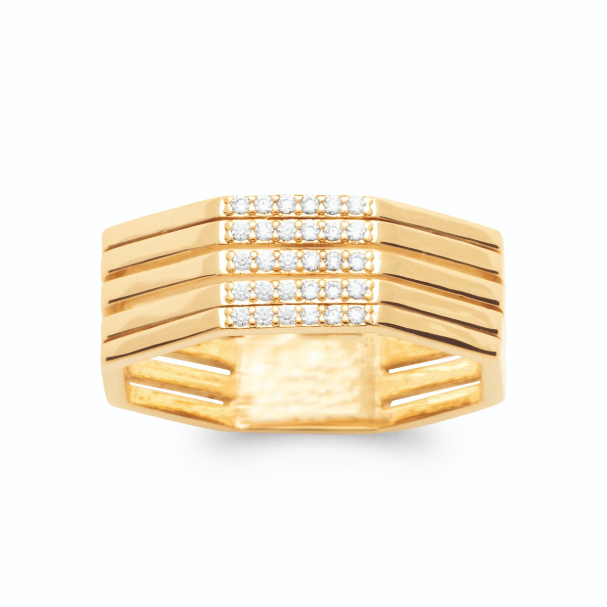 Bague octogonale en fils d’or et lignes de zircons plaqué or, vue de face