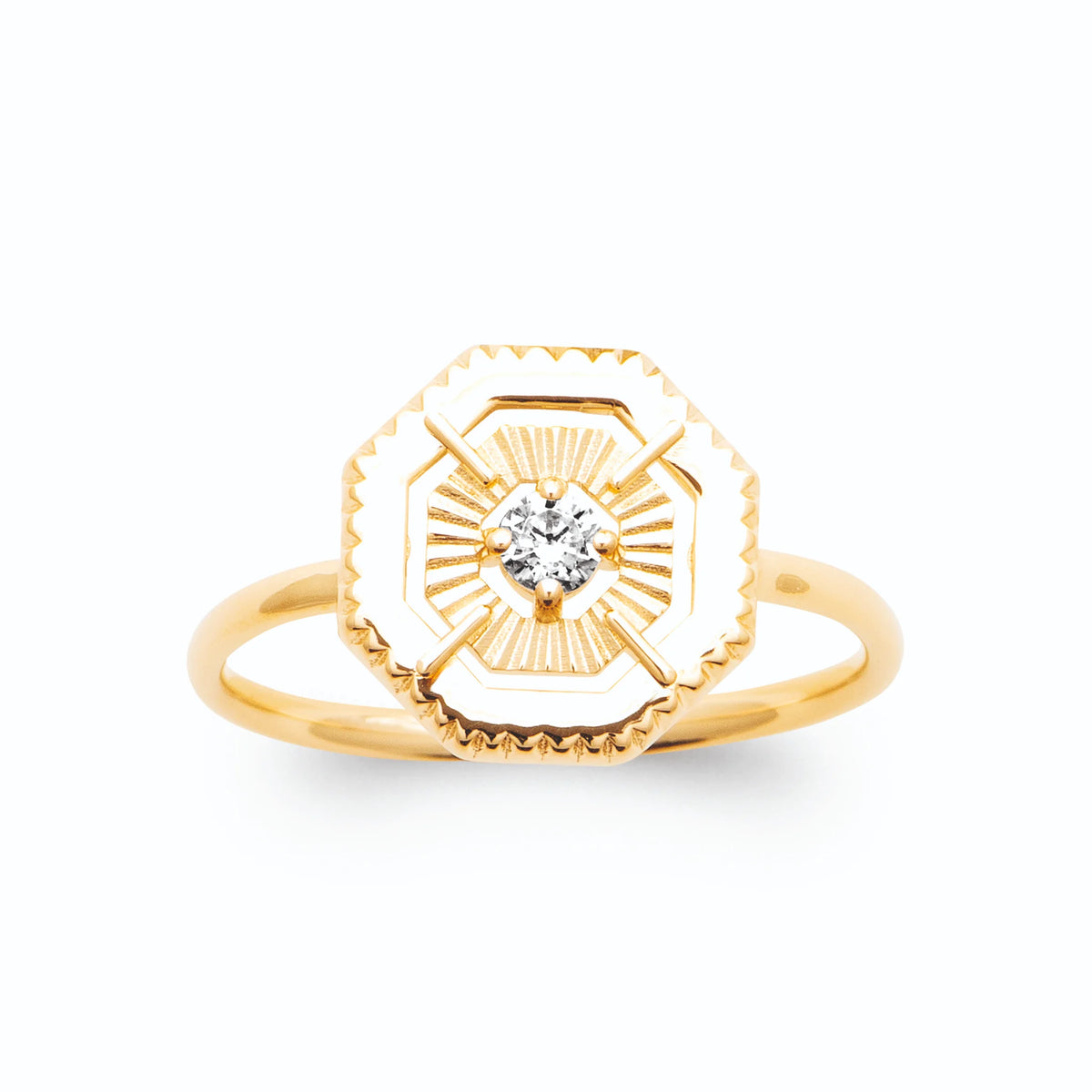 Bague octogonale rayonnante zircon central plaqué or, vue de face