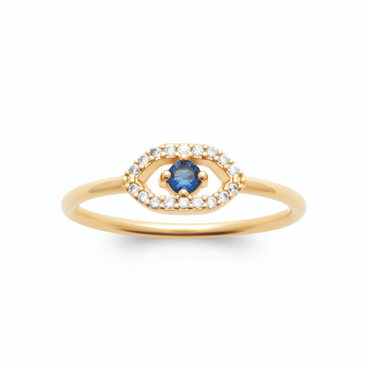 Bague œil en amande pavé de zircons et pierre bleue en plaqué or
