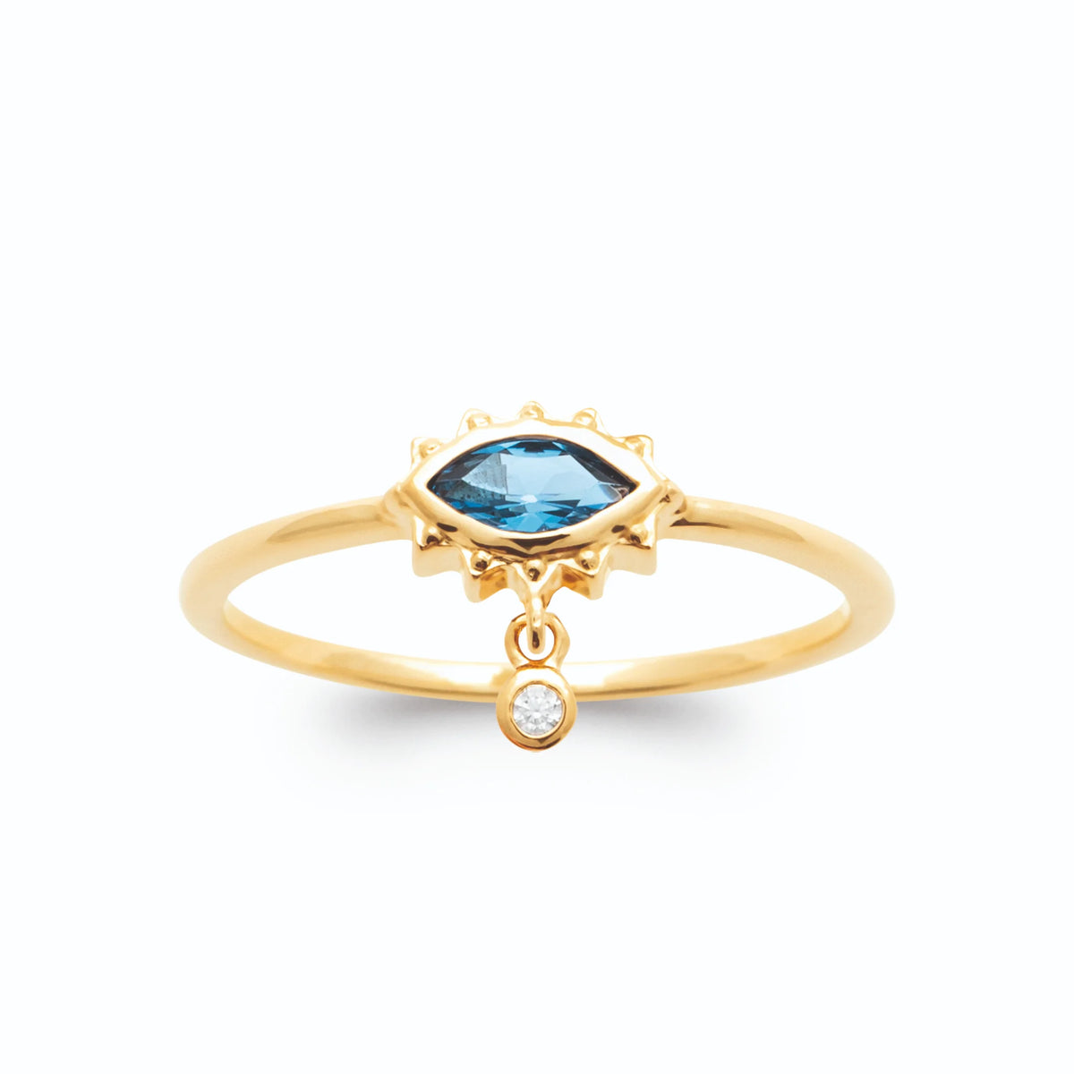 Bague œil navette bleue à cils rayonnants et pampille plaqué or, vue de face