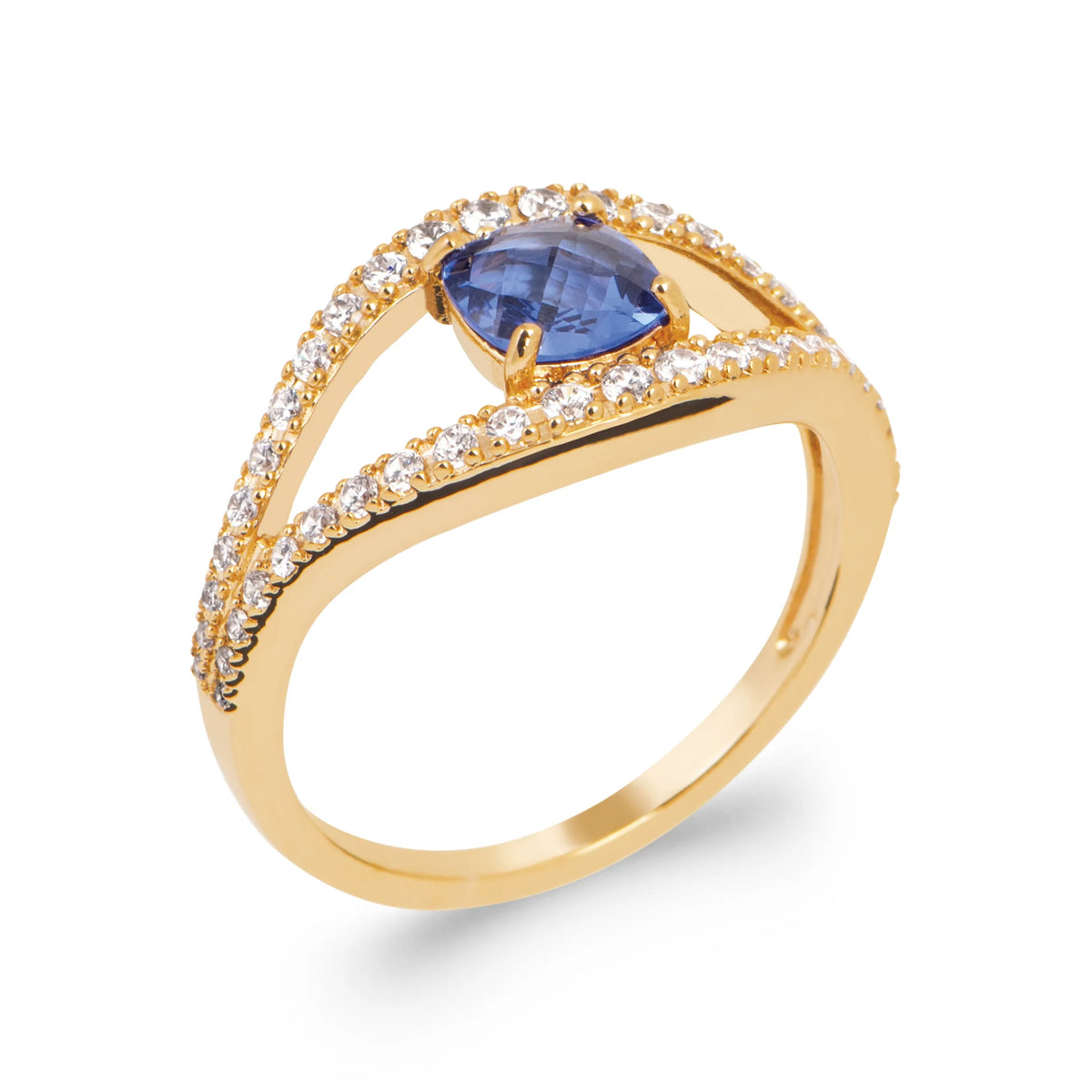 Bague œil pierre ovale bleu nuit entre deux arcs pavés en plaqué or