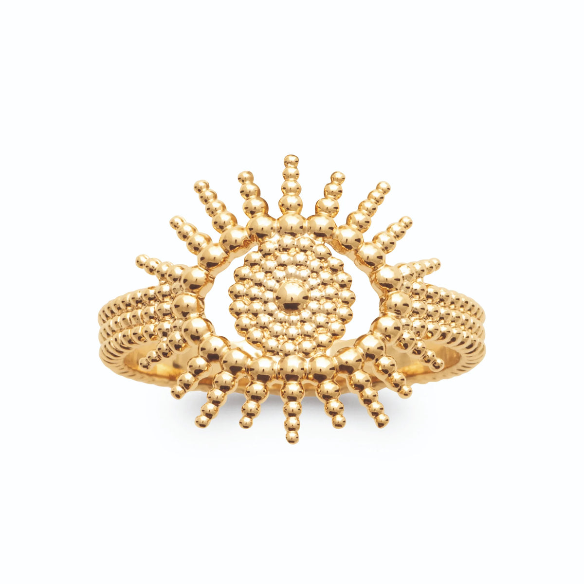 Bague œil rayonnant en grains d’or sans pierre plaqué or, vue de face
