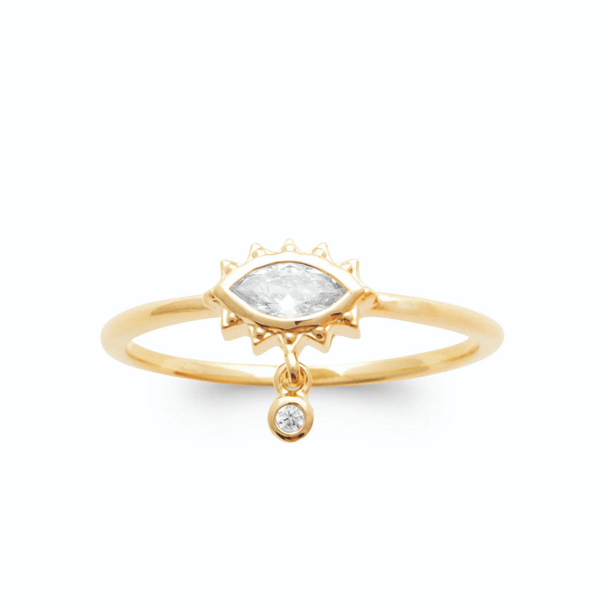 Bague œil zircon navette aux cils d’or et pampille en plaqué or