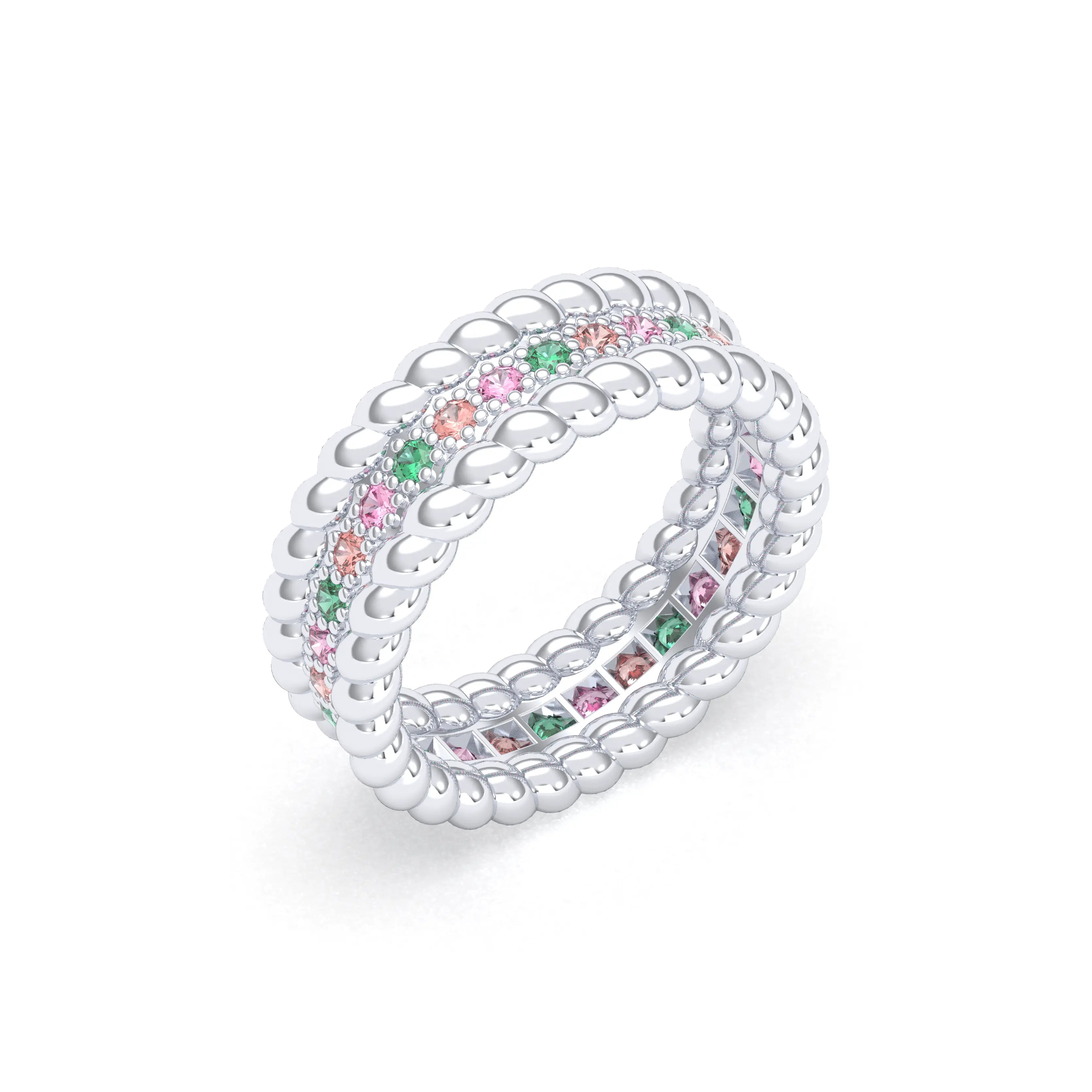 Bague Olympe torsadée en or blanc 18 carats, pierres fines et précieuses Émeraudes - Saphirs pêche - Saphirs roses