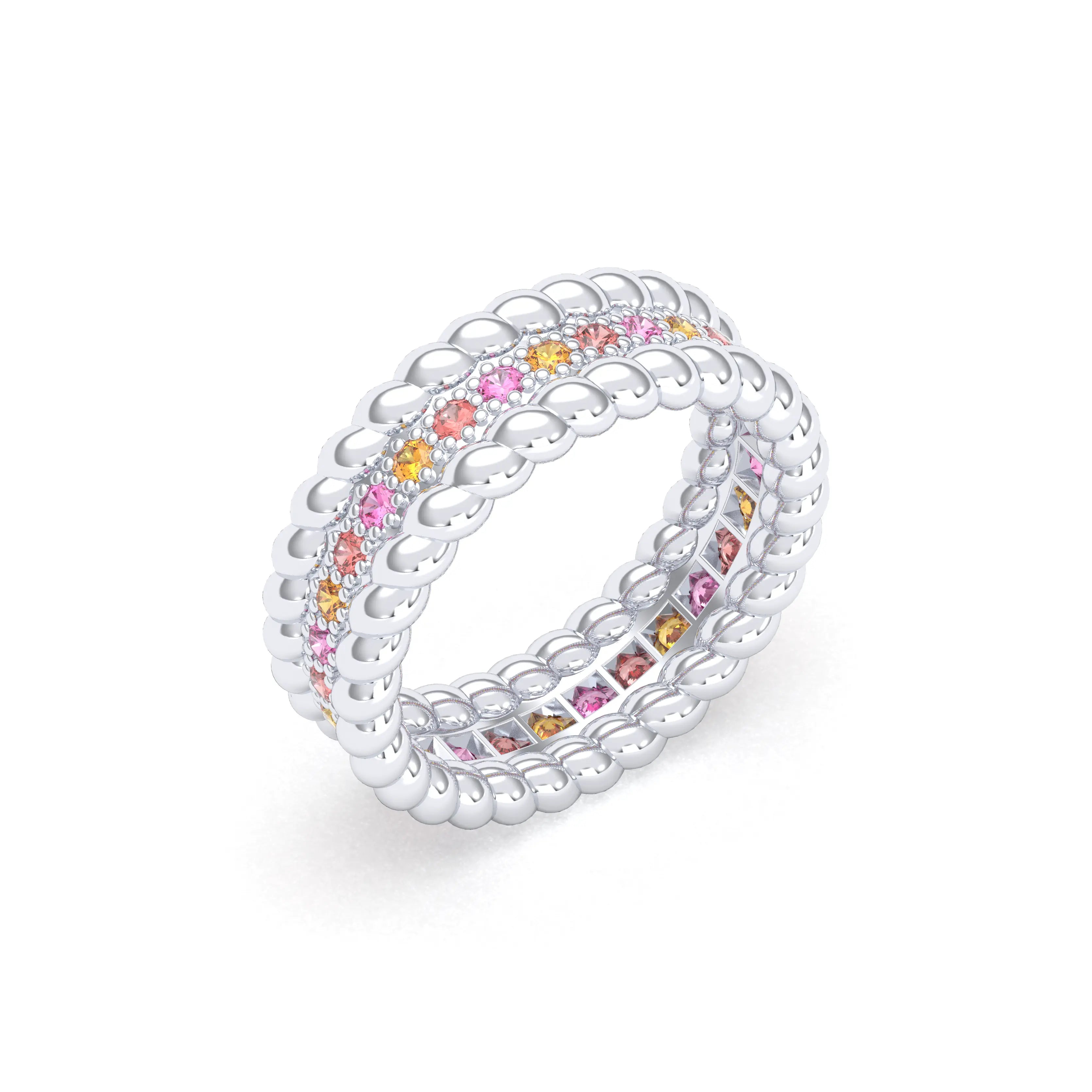 Bague Olympe torsadée en or blanc 18 carats, pierres fines et précieuses Grenats mandarins - Saphirs roses - Saphirs pêches