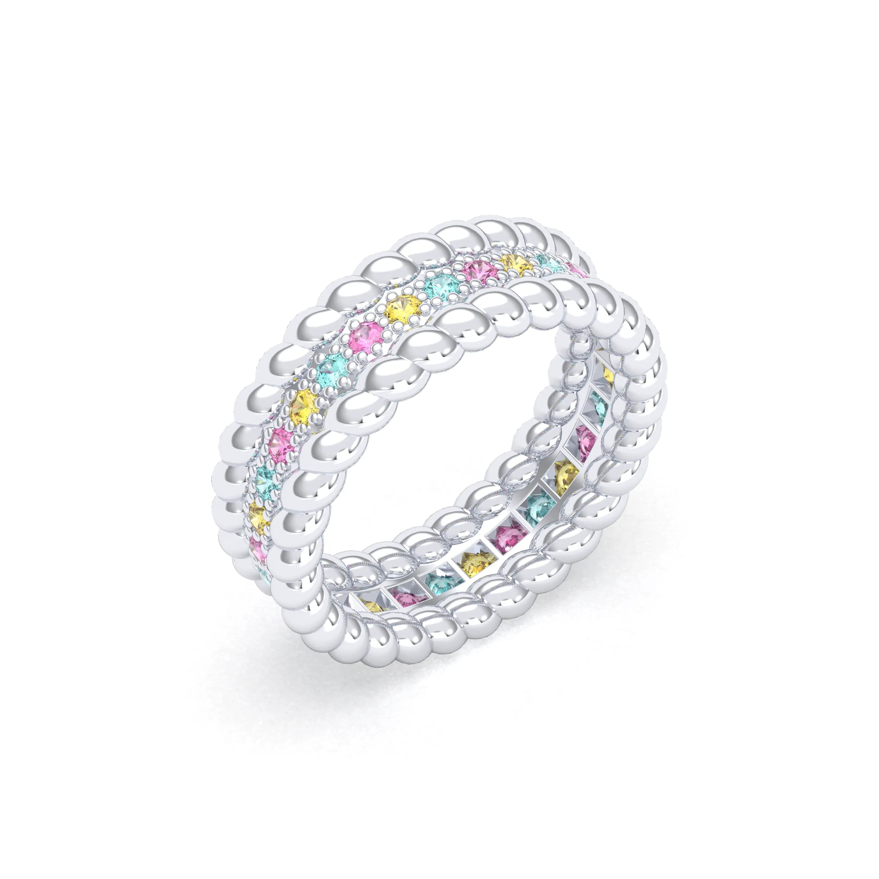 Bague Olympe torsadée en or blanc 18 carats, pierres fines et précieuses Tourmalines paraiba - Saphirs jaunes - Saphirs roses