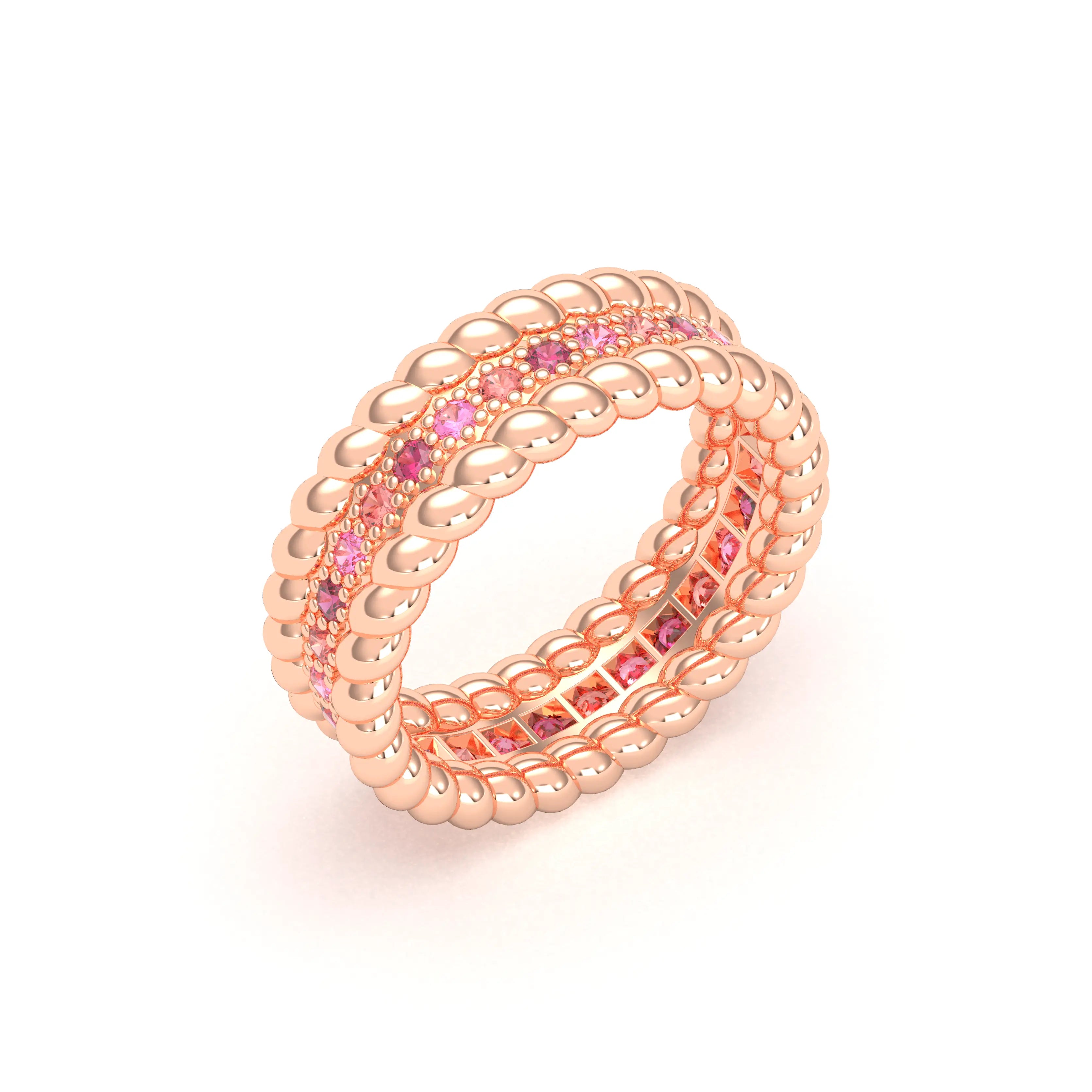 Bague Olympe torsadée en or rose 18 carats, pierres fines et précieuses Rubis - Saphirs pêches - Saphirs roses