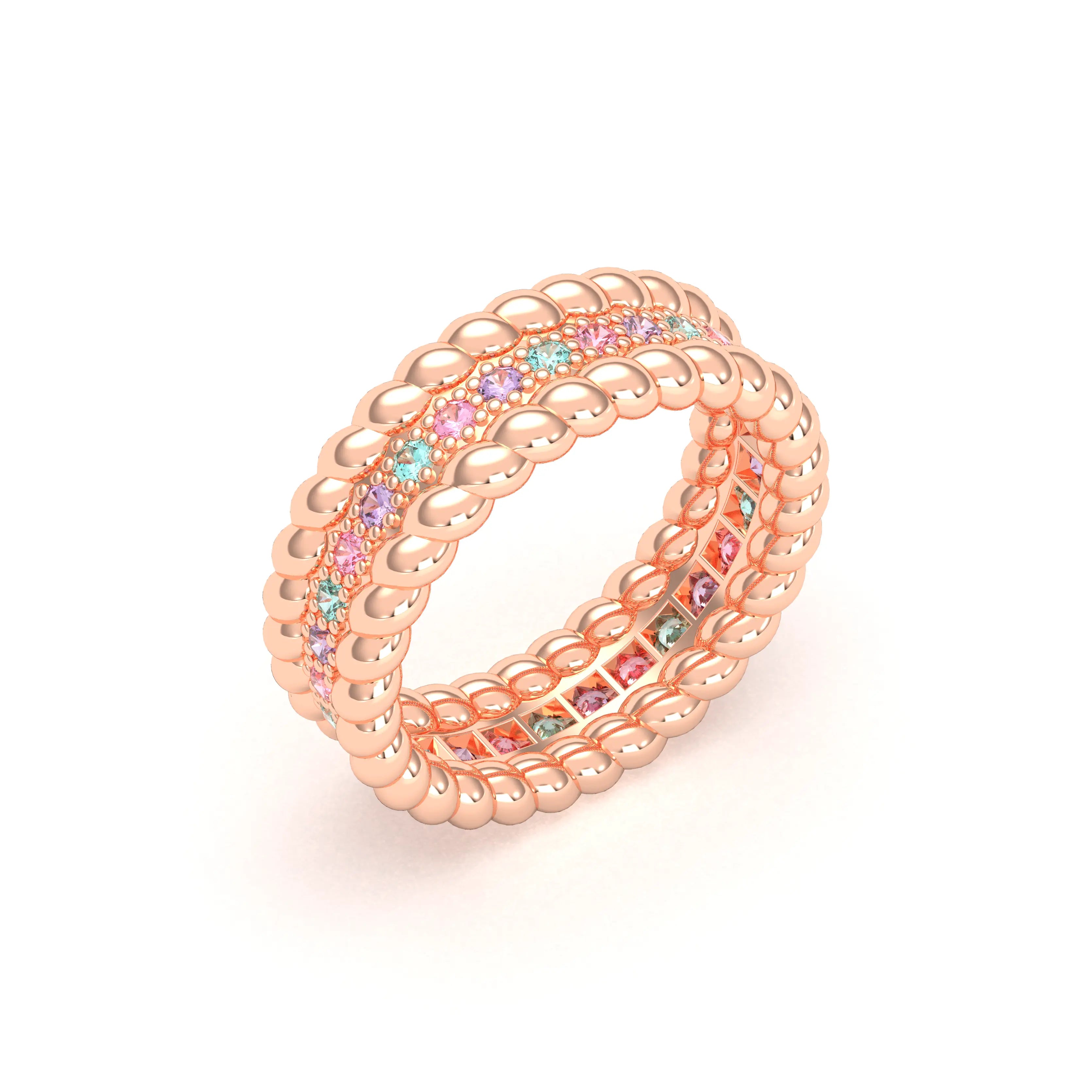 Bague Olympe torsadée en or rose 18 carats, pierres fines et précieuses Saphirs roses - Saphirs violets - Tourmalines paraiba