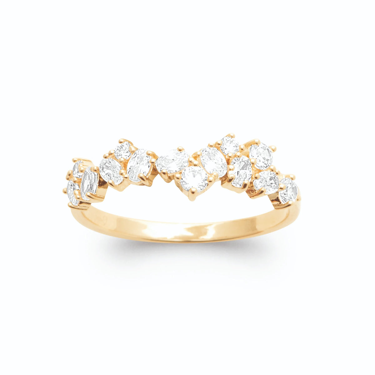 Bague ondulée grappe de zircons ronds et poires plaqué or, vue de face