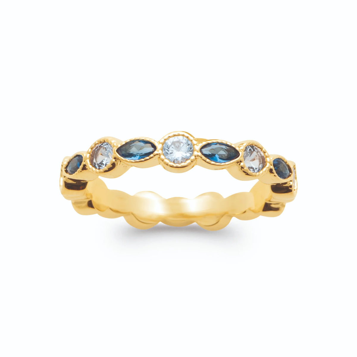 Bague ondulée de navettes bleu nuit et zircons ronds plaqué or, vue de face