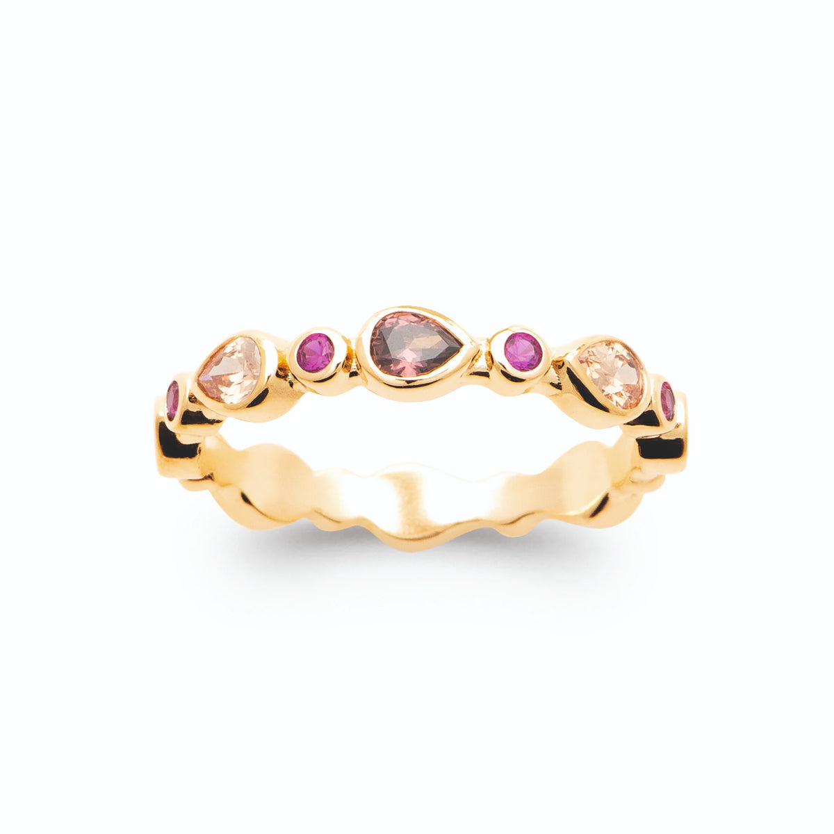 Bague ondulée pierres rose et fuchsia plaqué or, vue de face